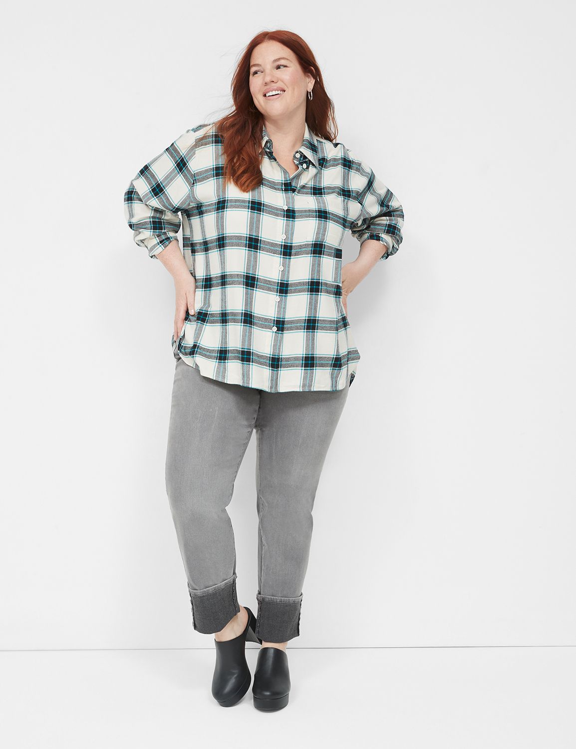 Sage Plaid Button Down Relaxed Long Sleeve Top