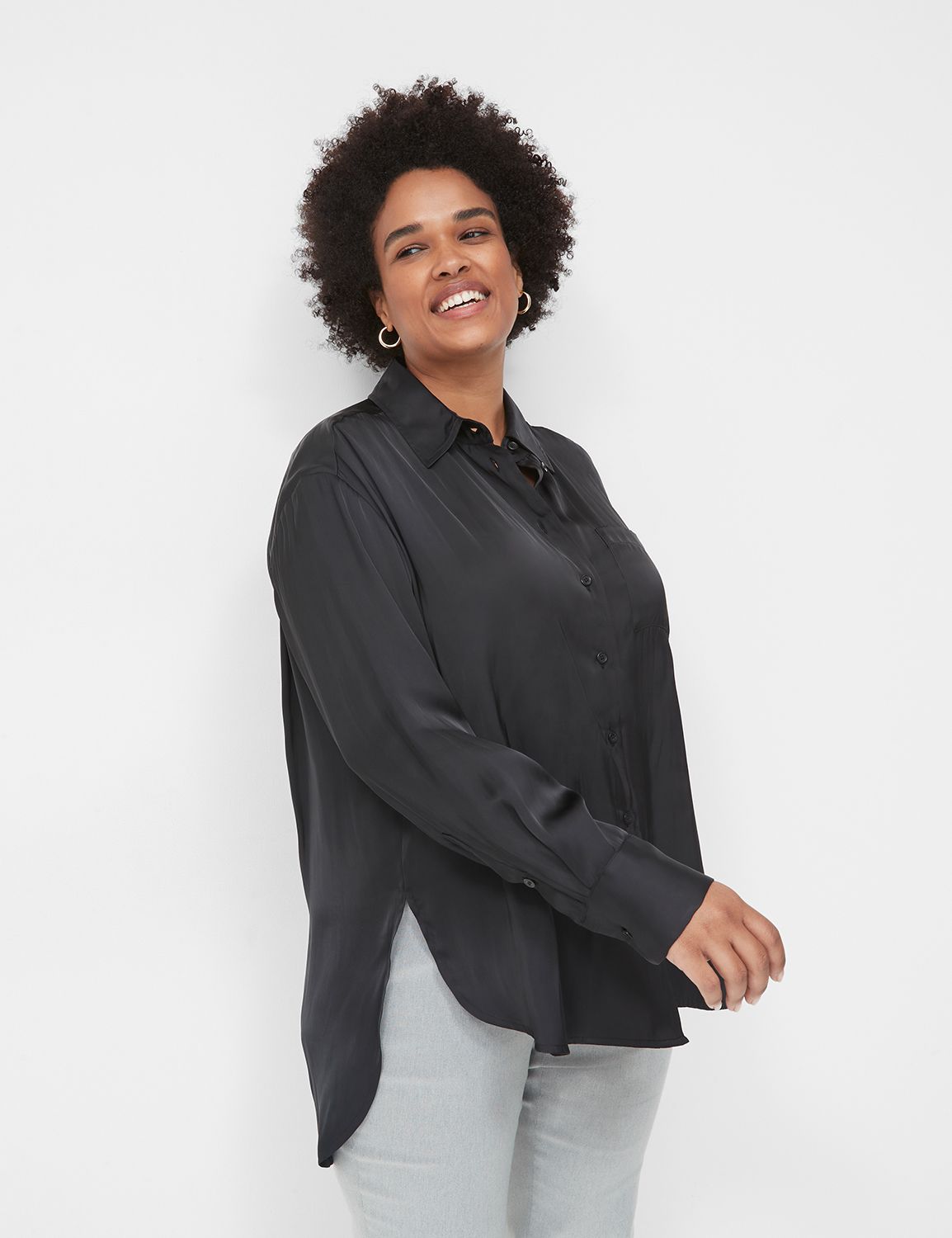 Satin Button-Down Boyfriend Shirt | LaneBryant