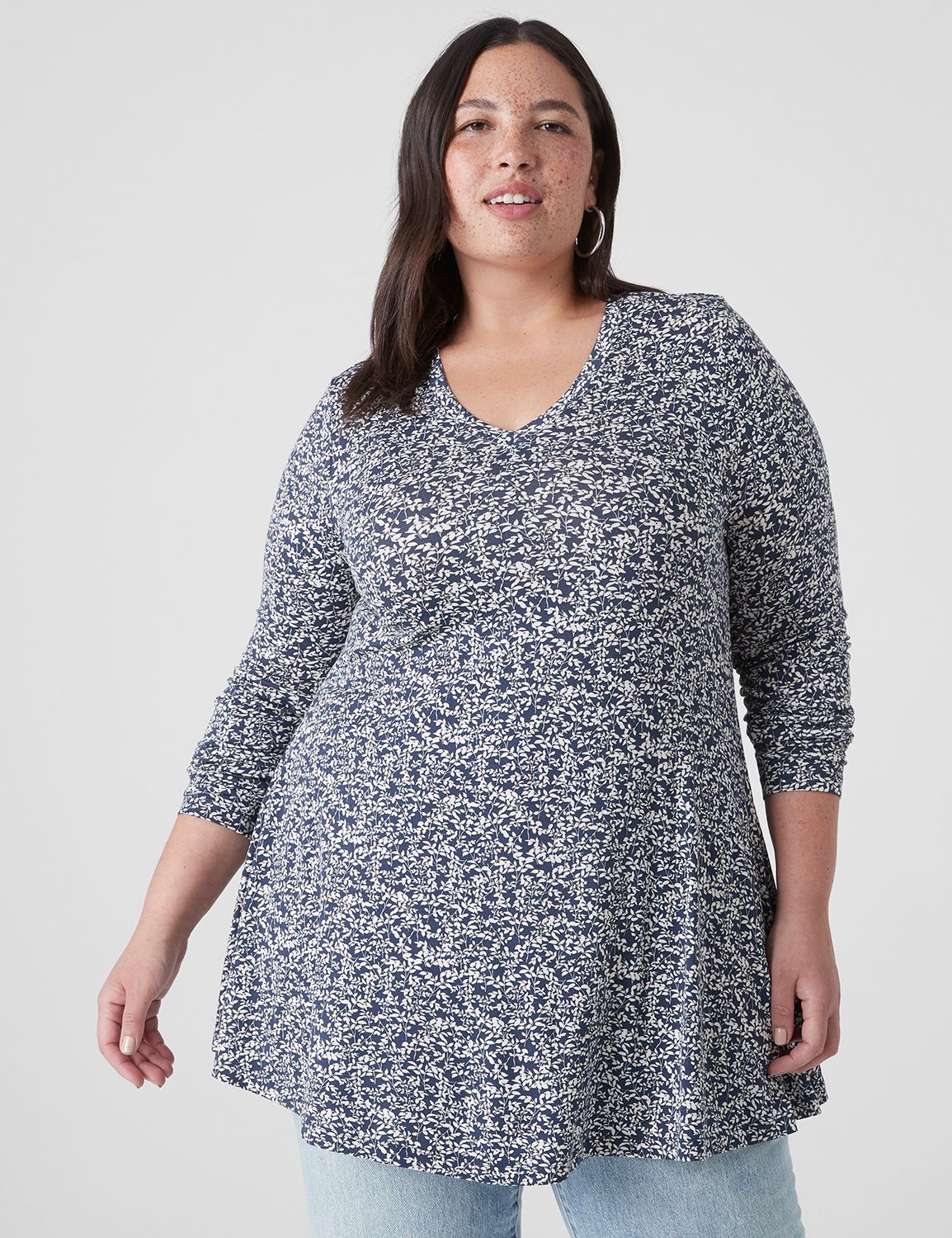 Lane Bryant Swing Long-Sleeve V-Neck Tunic 14/16 Navy Floral Small