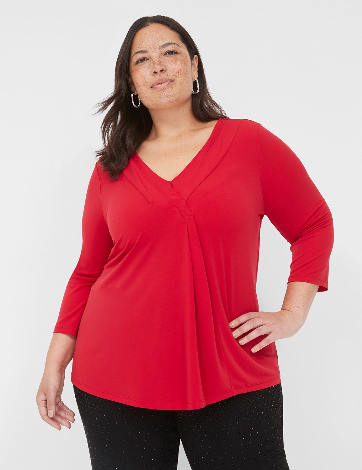 Swing 3/4-Sleeve Pleat-Front Top