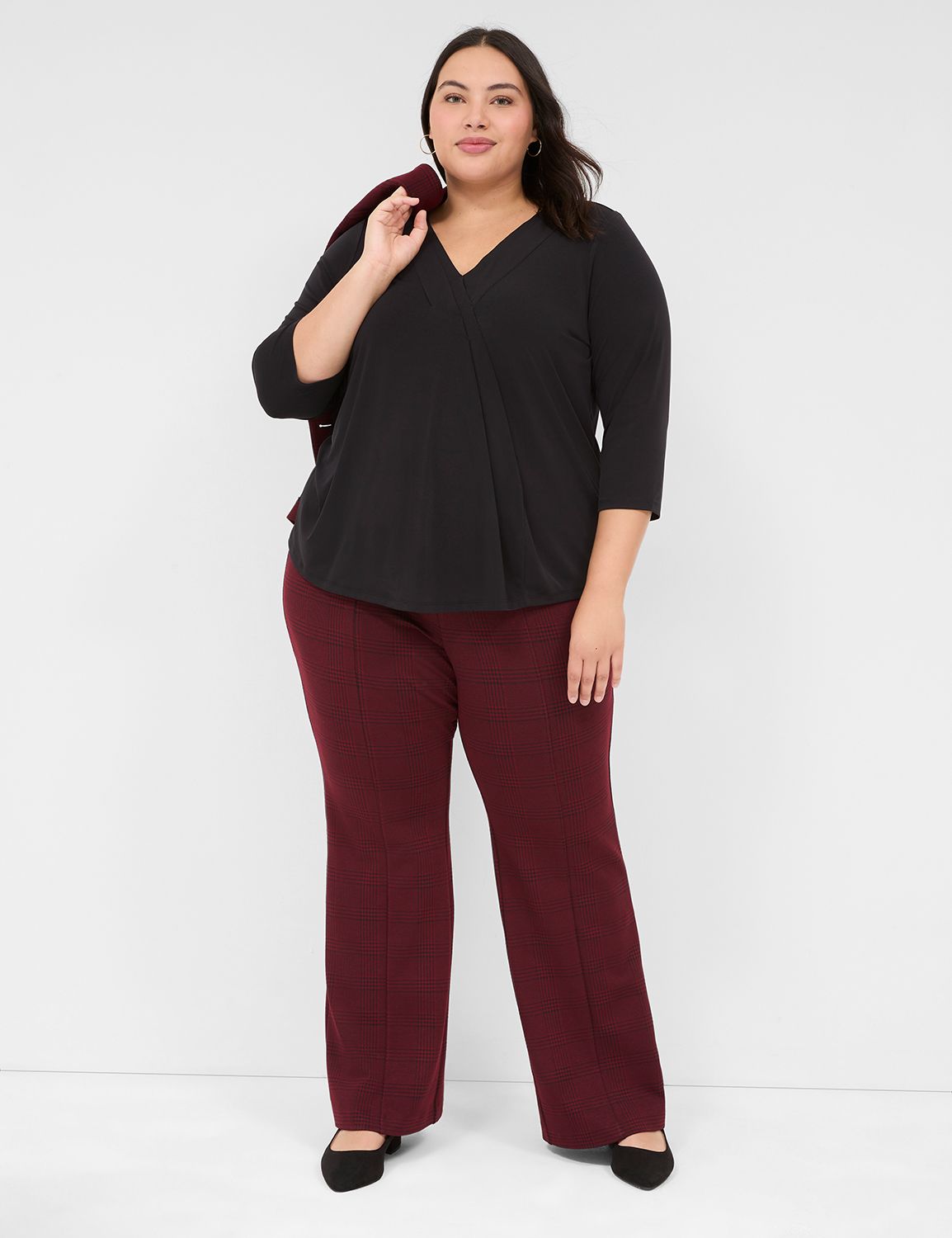 Swing 3/4 Sleeve V Neck Pleat Front | LaneBryant