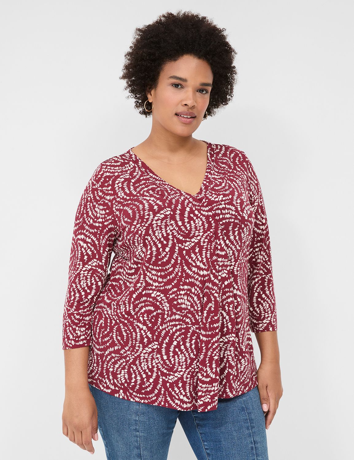Swing 3/4 Sleeve V Neck Pleat Front Product Image 1