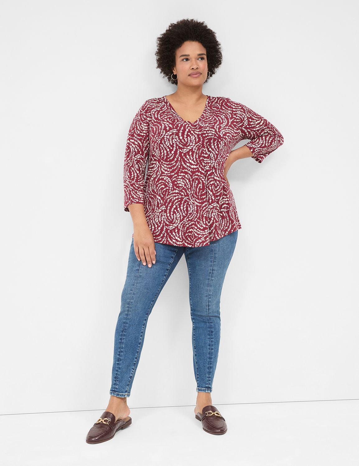 Swing 3/4 Sleeve V Neck Pleat Front Product Image 3
