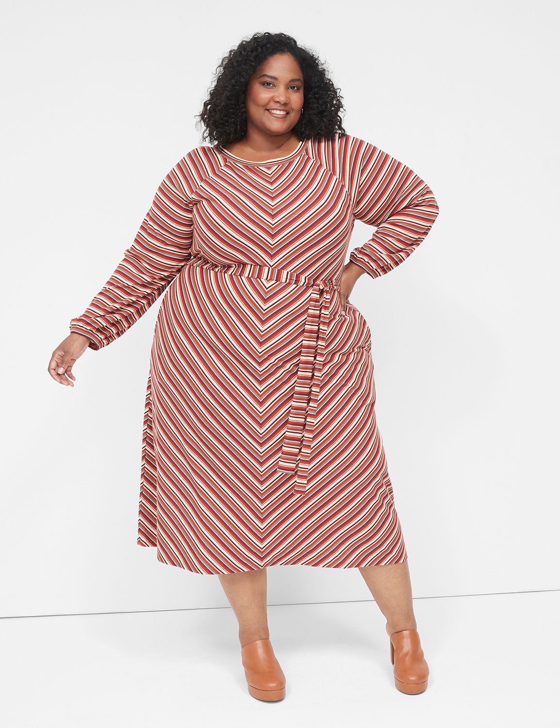 Long Sleeve Split Neck Mitered Stri LaneBryant