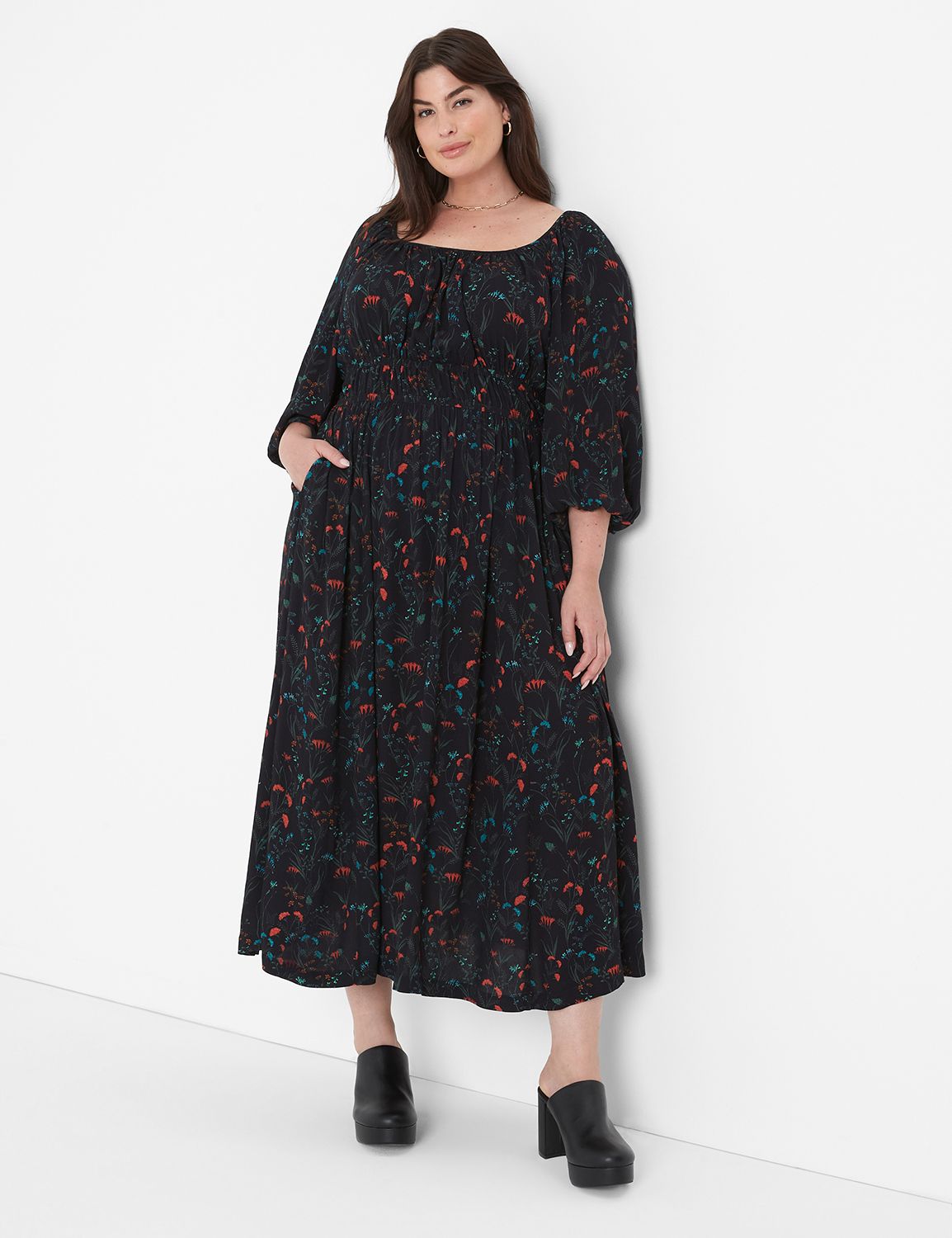BLOUSON SLEEVE MIDI DRESS PEACOCK PROUD