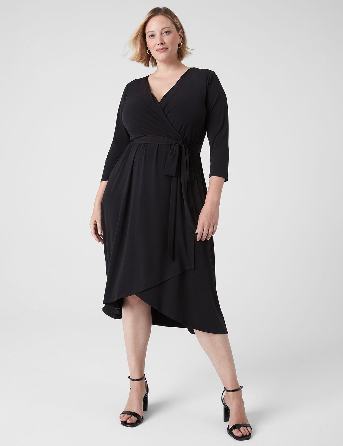 3/4-Sleeve Surplice-Neck High-Low Dress