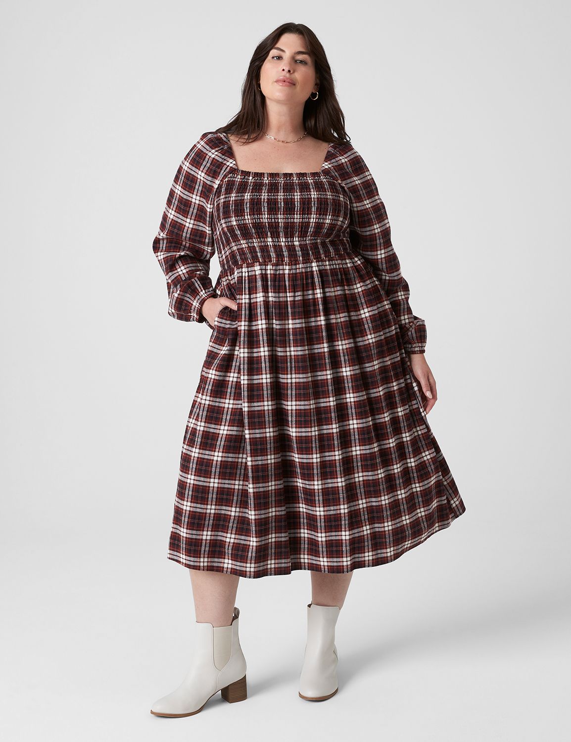 Square-Neck Smocked Plaid Midi Dress