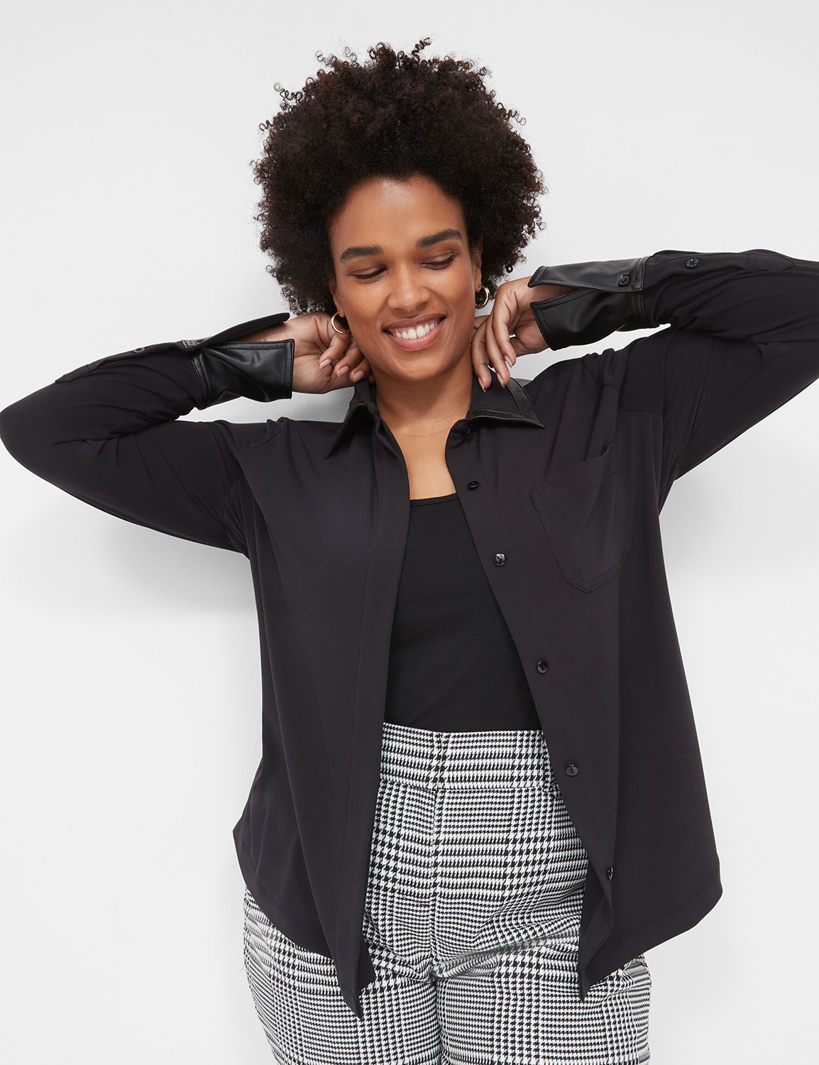 Collared Button-Down Top With Faux-Leather Details