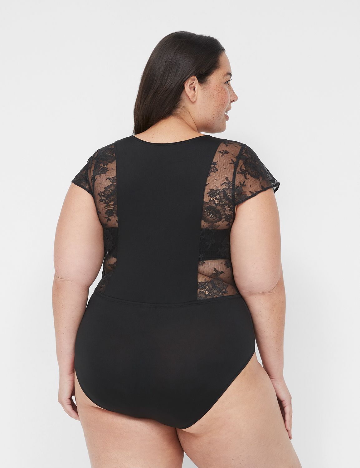 Plus Size Lace Mesh Hook and Eye Zipper Shapewear Bodysuit - Black