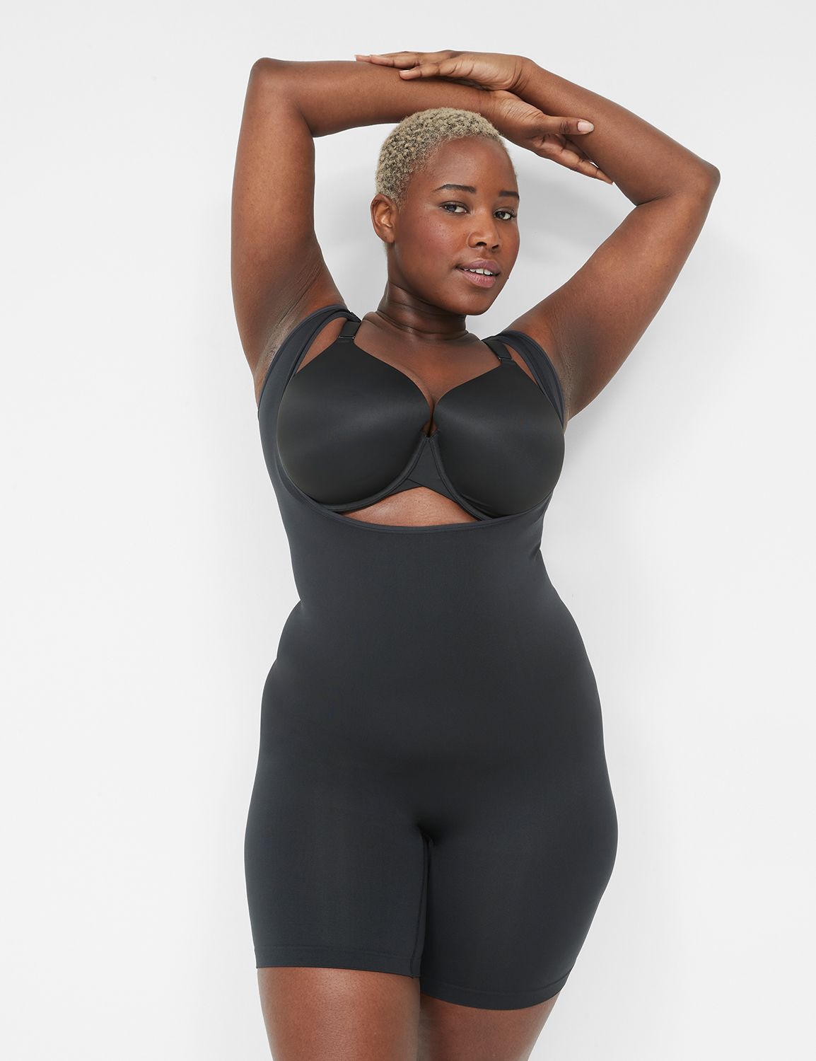 Cacique by Lane Bryant. Open-bust thigh shaper.