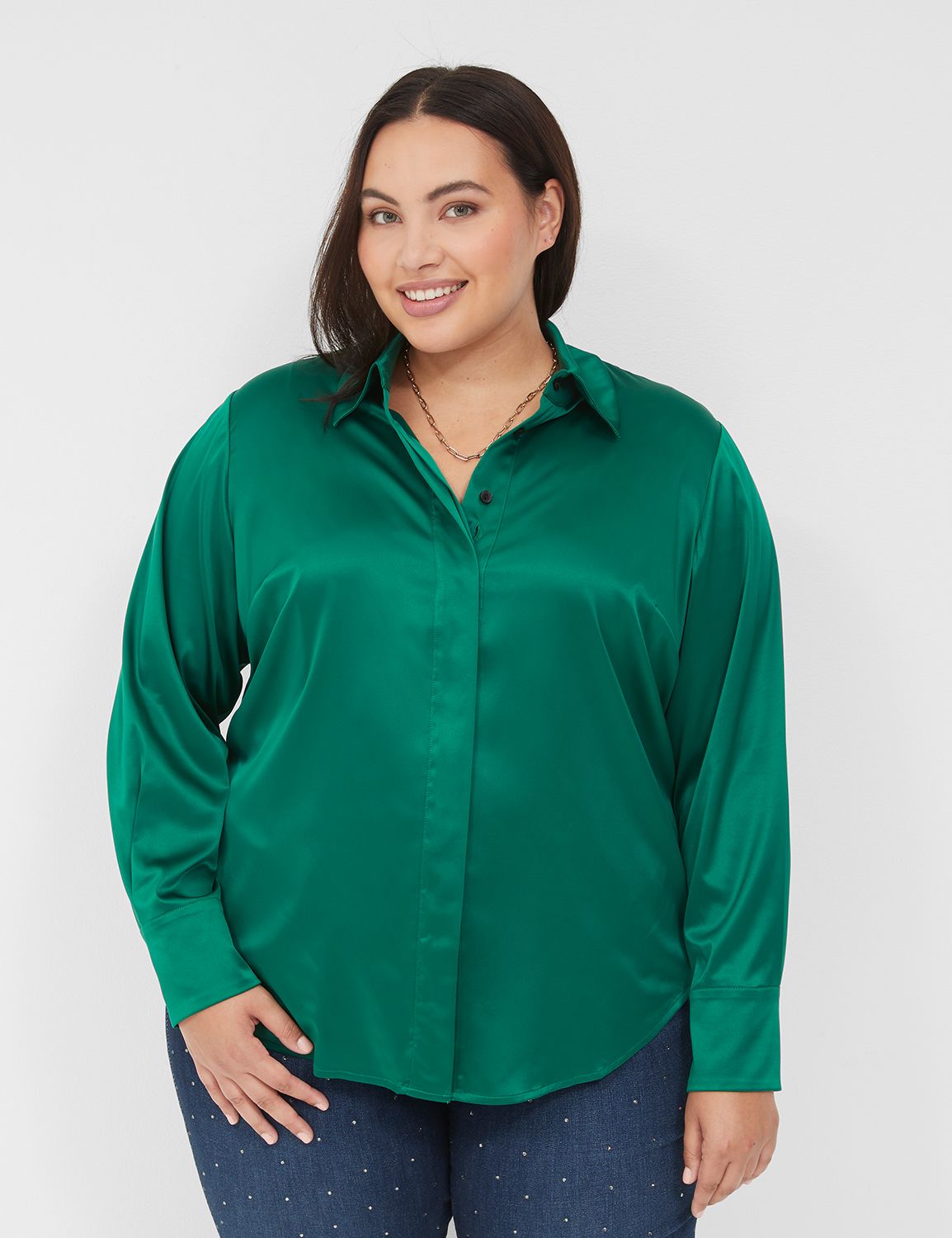 Long-Sleeve Button-Down Satin Shirt