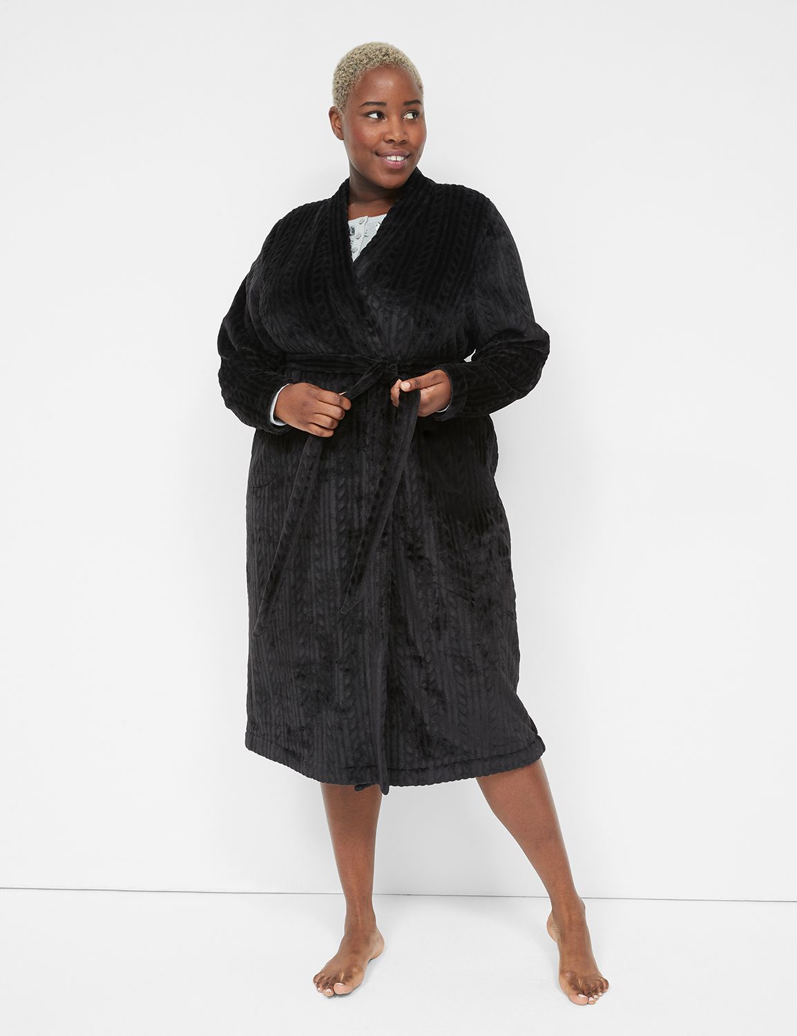 Cable Effect Plush Robe - Grey cable knit