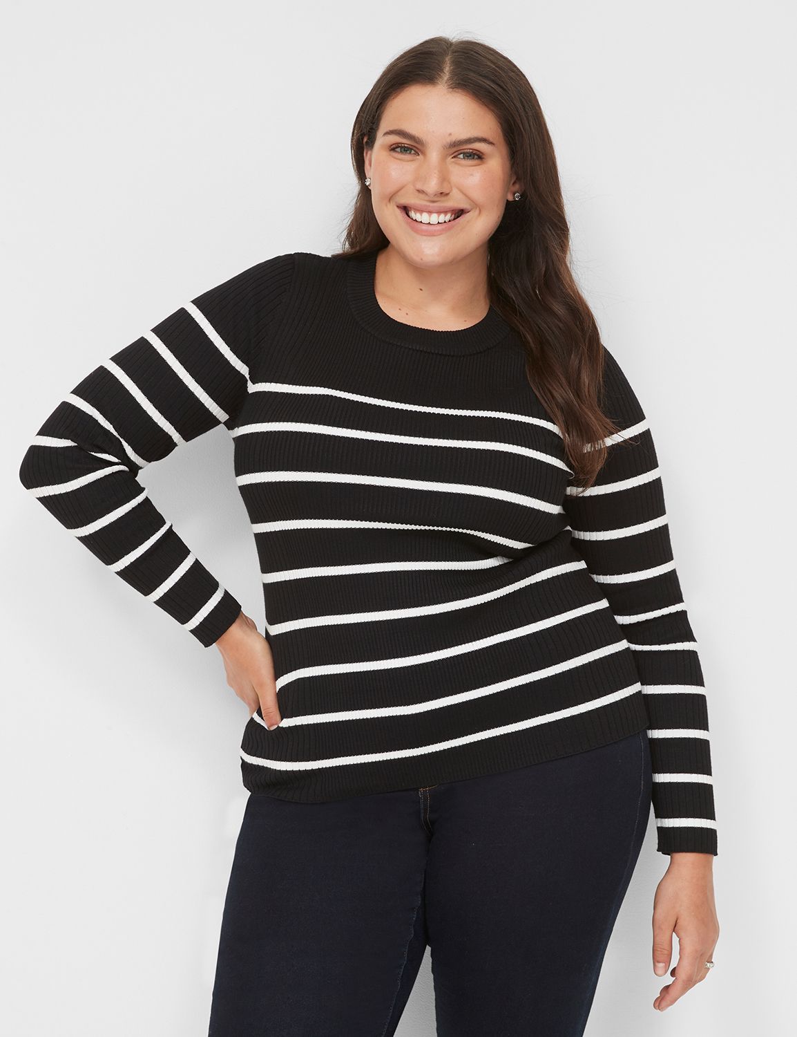 Fitted Long Sleeve Crew Neck Stripe | LaneBryant