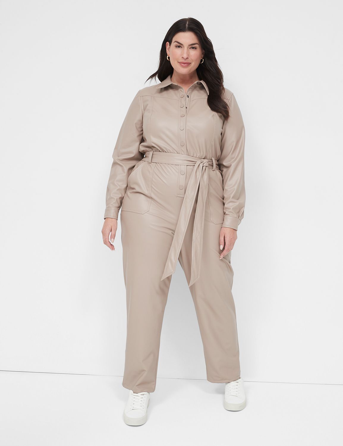 Long-Sleeve Stretch Faux-Leather Jumpsuit