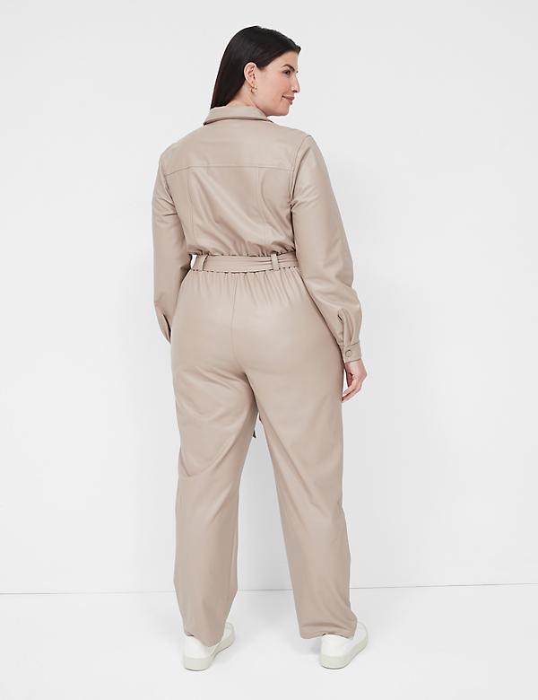Long-Sleeve Stretch Faux-Leather Jumpsuit