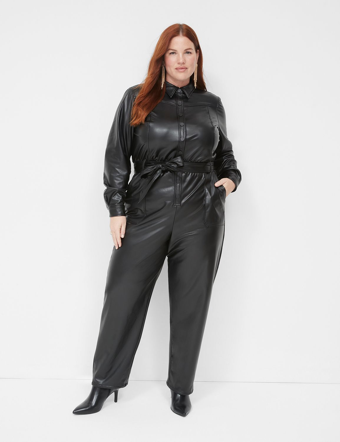 Long-Sleeve Stretch Faux-Leather Jumpsuit | LaneBryant