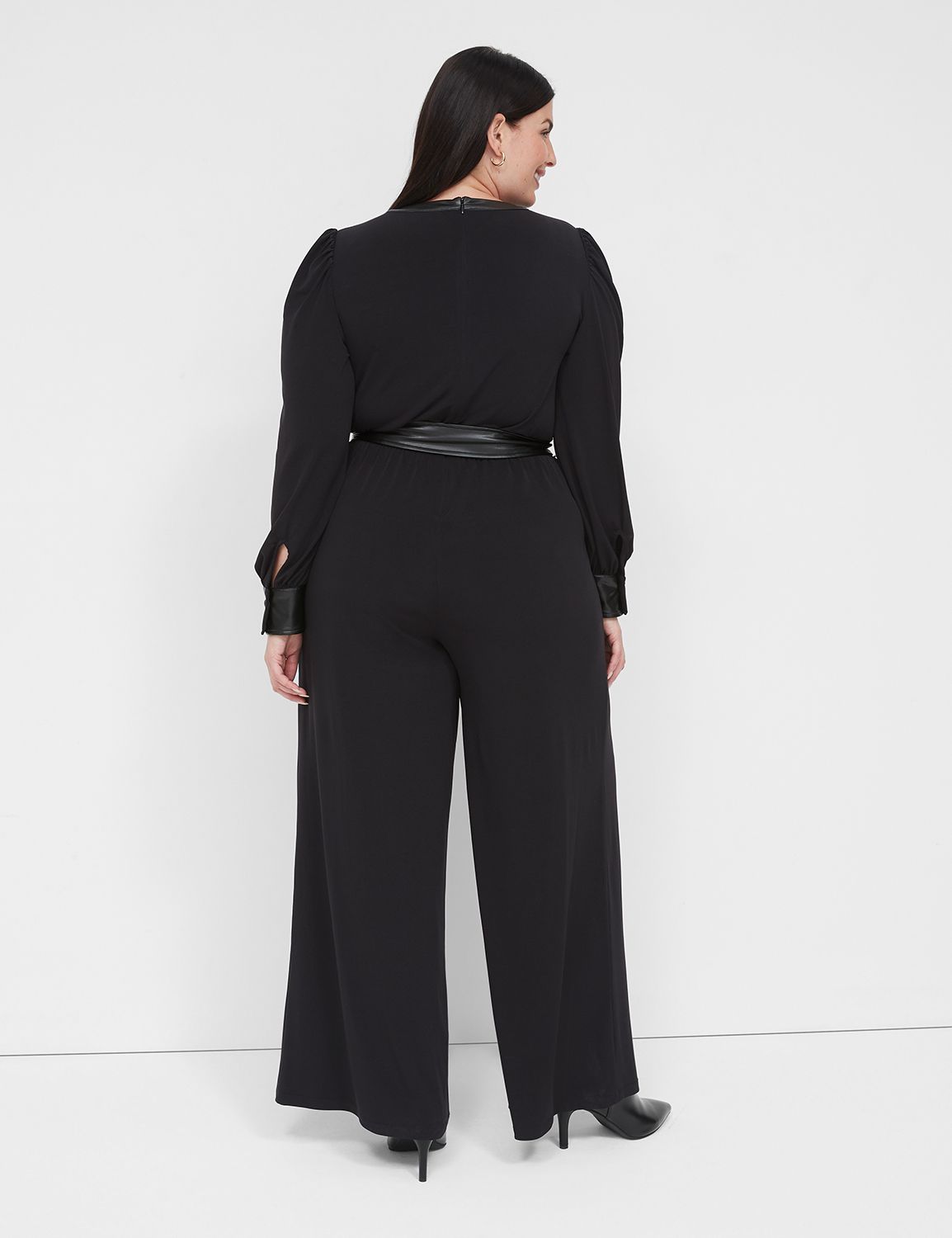 Wide Leg Jumpsuit With Faux-Leather Details | LaneBryant