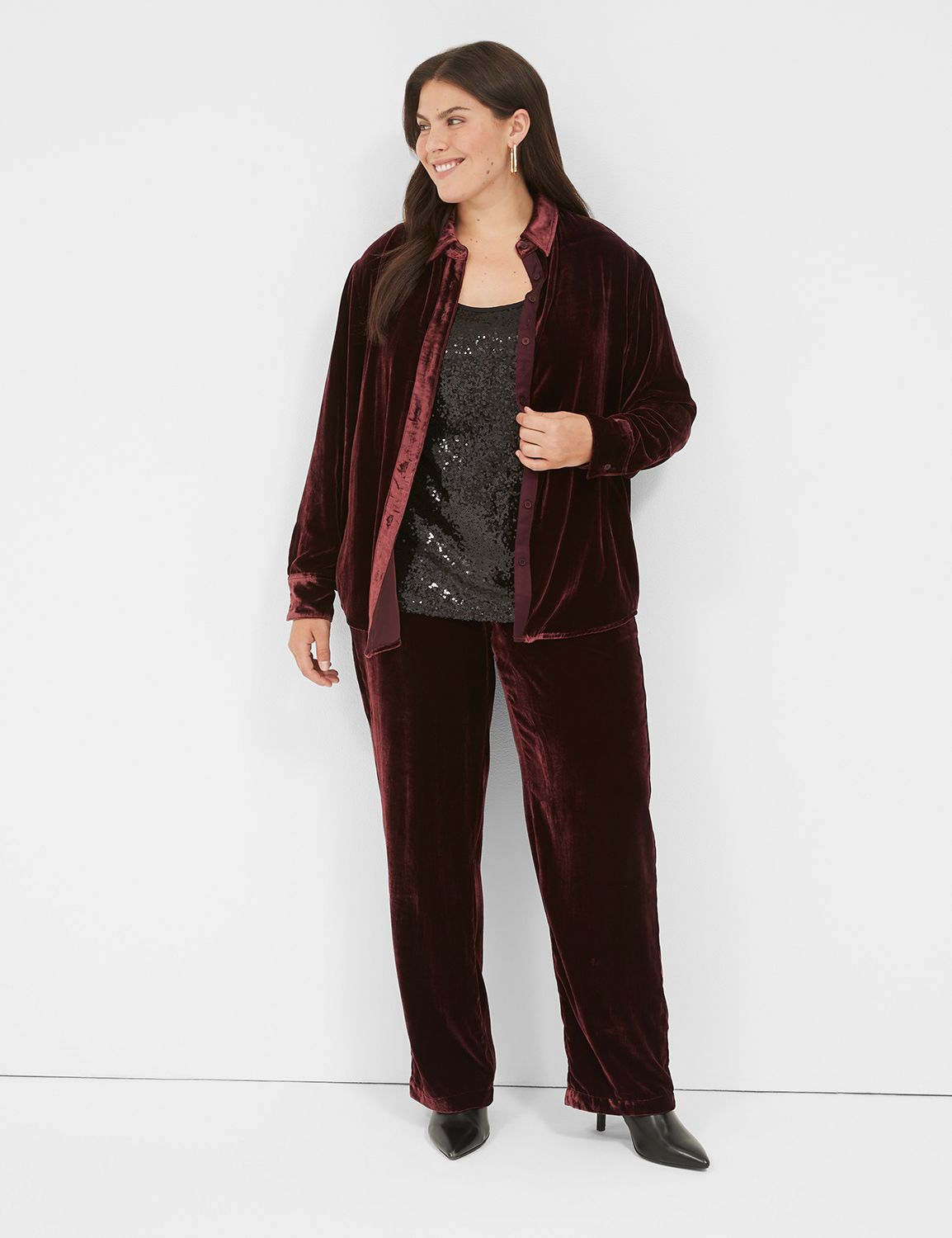 Long-Sleeve Button-Down Velvet Shirt