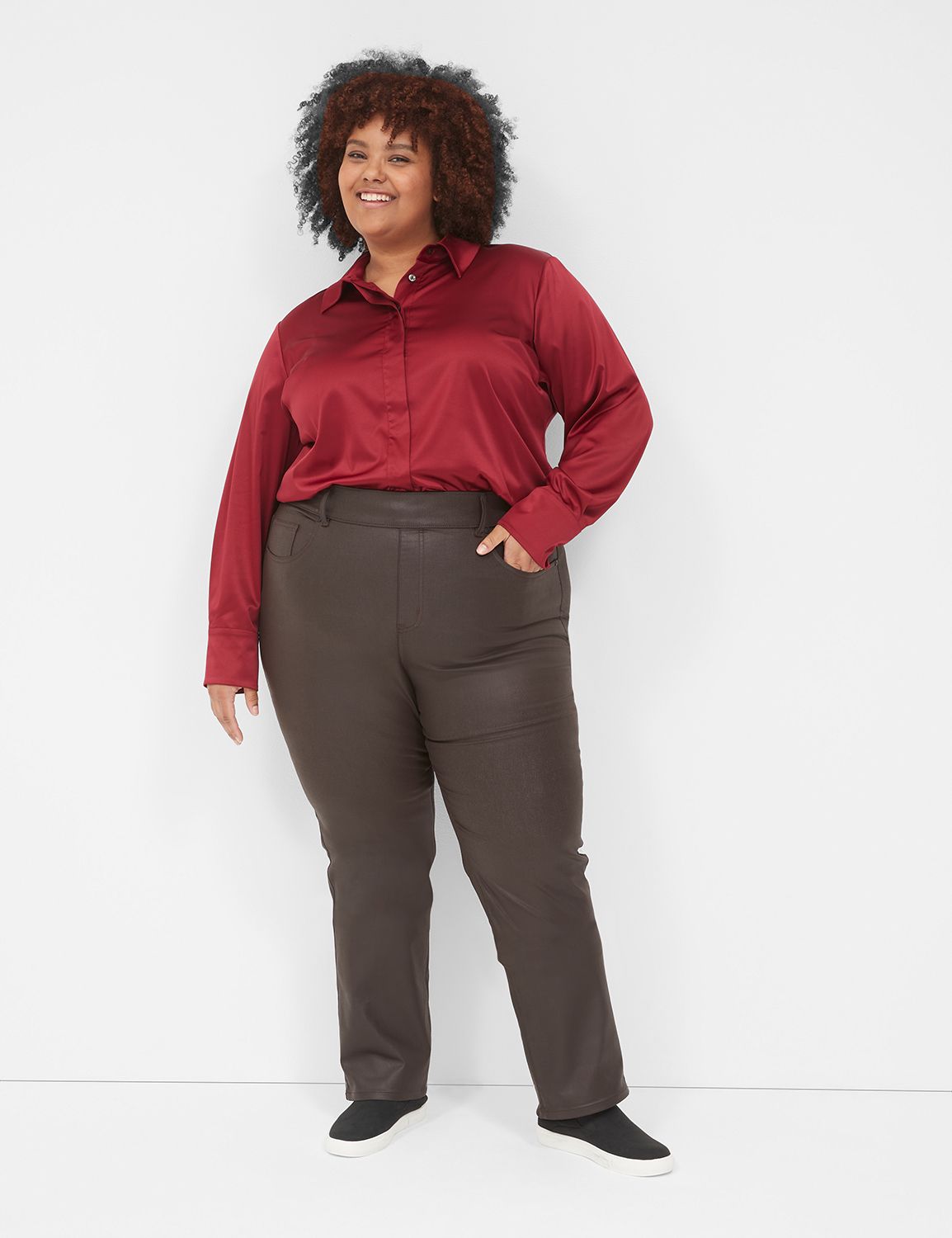 Plus Size High Waisted Pull On Dress Pants - Red