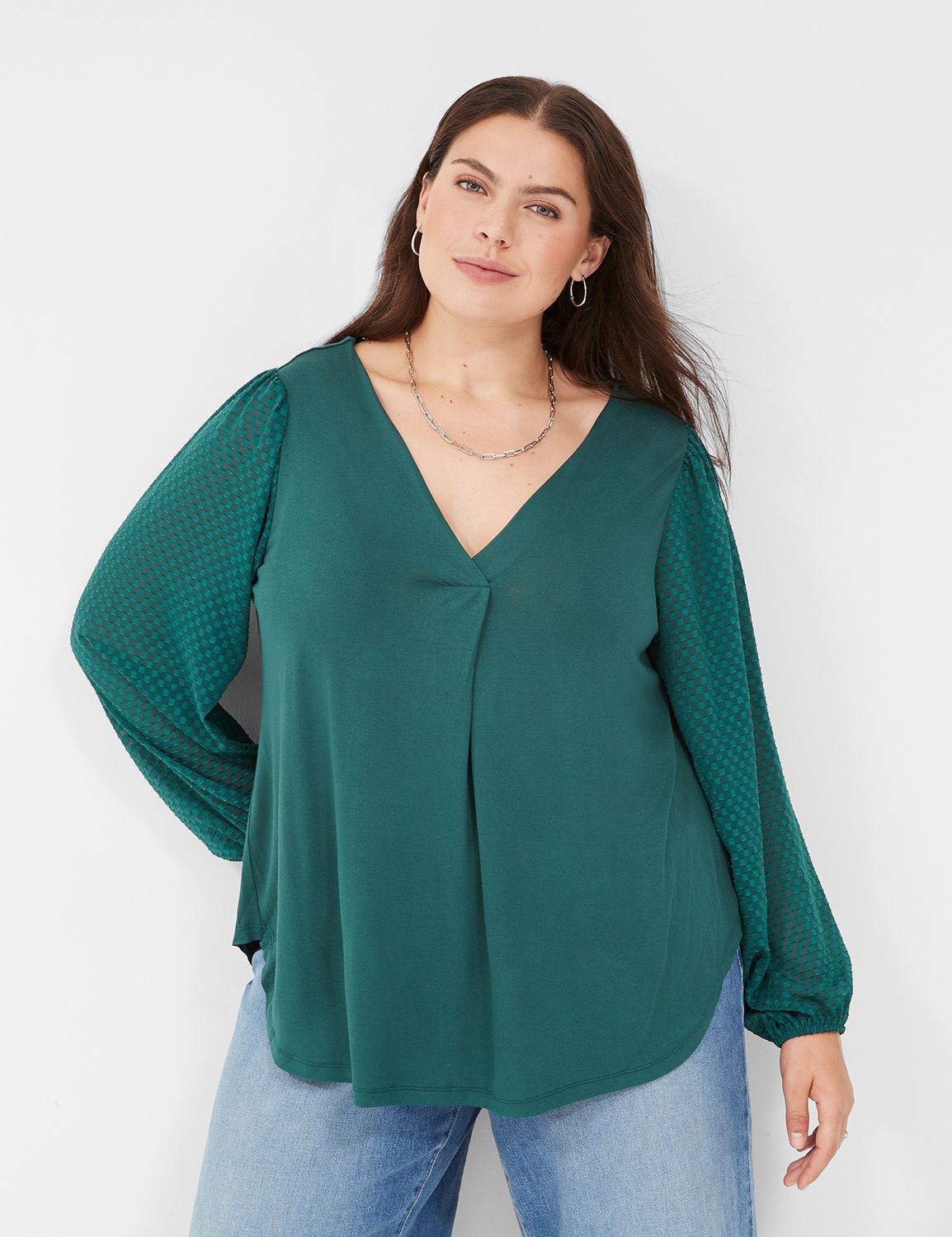 Long Sleeve V neck top with woven s | LaneBryant