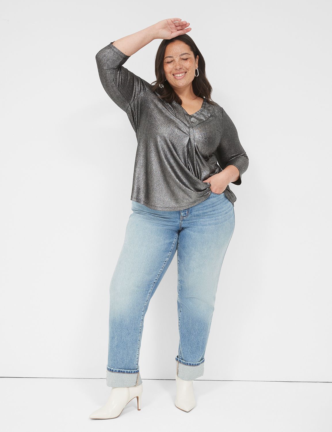 Swing 3/4 Sleeve V Neck Pleat Front Product Image 3