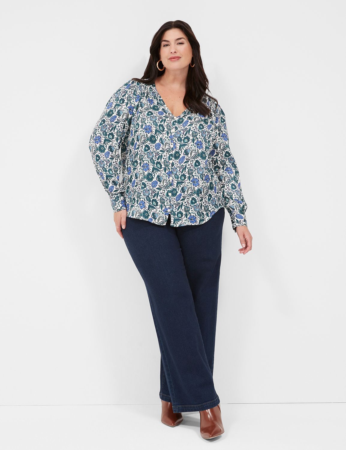 Long Sleeve Ruched Button Front Blo | LaneBryant