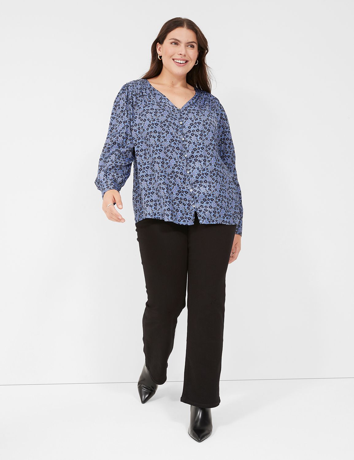 Long Sleeve Ruched Button Front Blo | LaneBryant