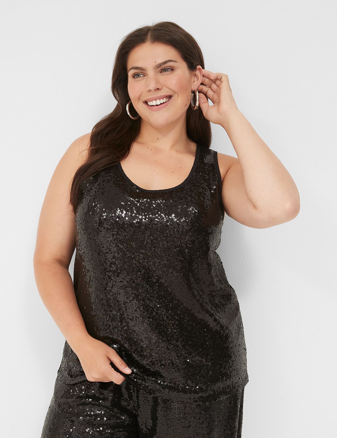 Scoop-Neck Sequin Knit & Woven Tank