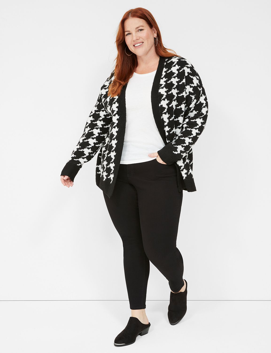 Mandy Woven Right Houndstooth Open Front Longline Cardigan