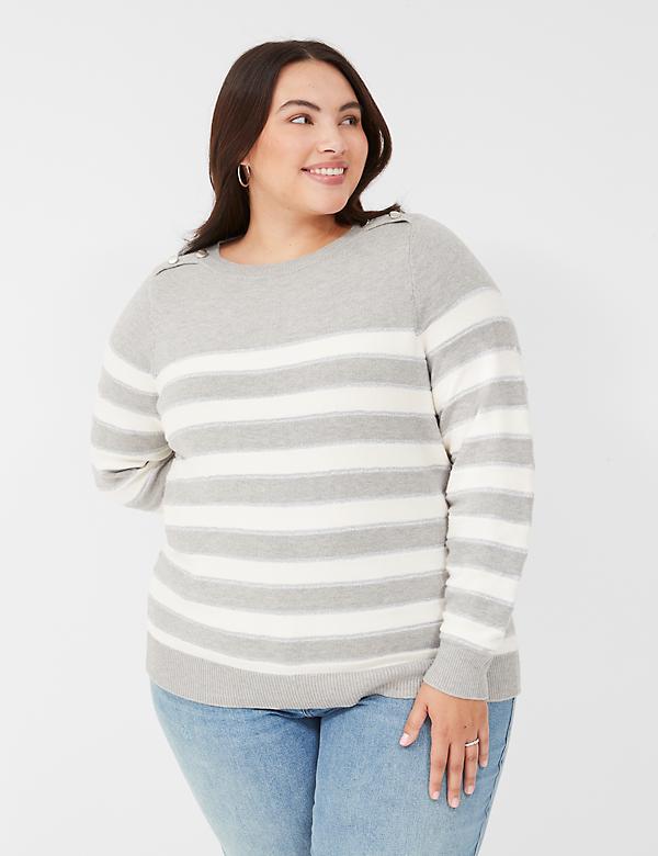 Crew-Neck Button-Shoulder Striped Sweater