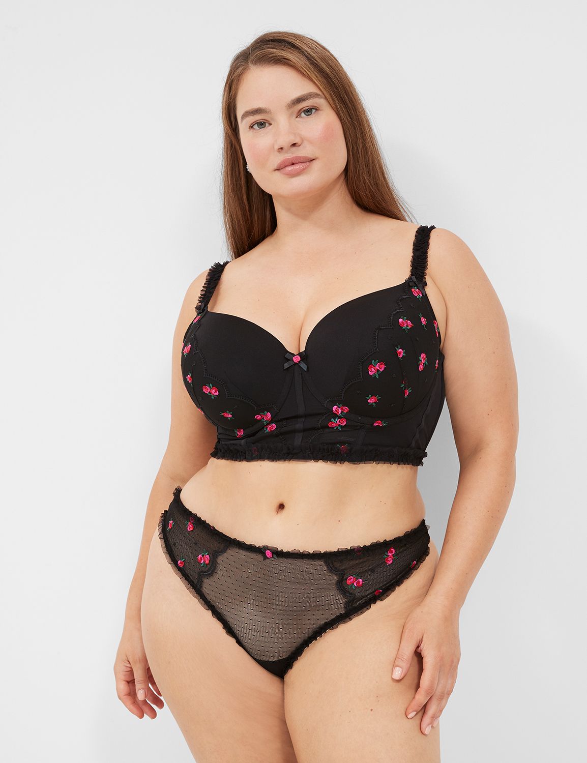 Embroidered Ruffle-Trim Longline Boost Balconette Bra