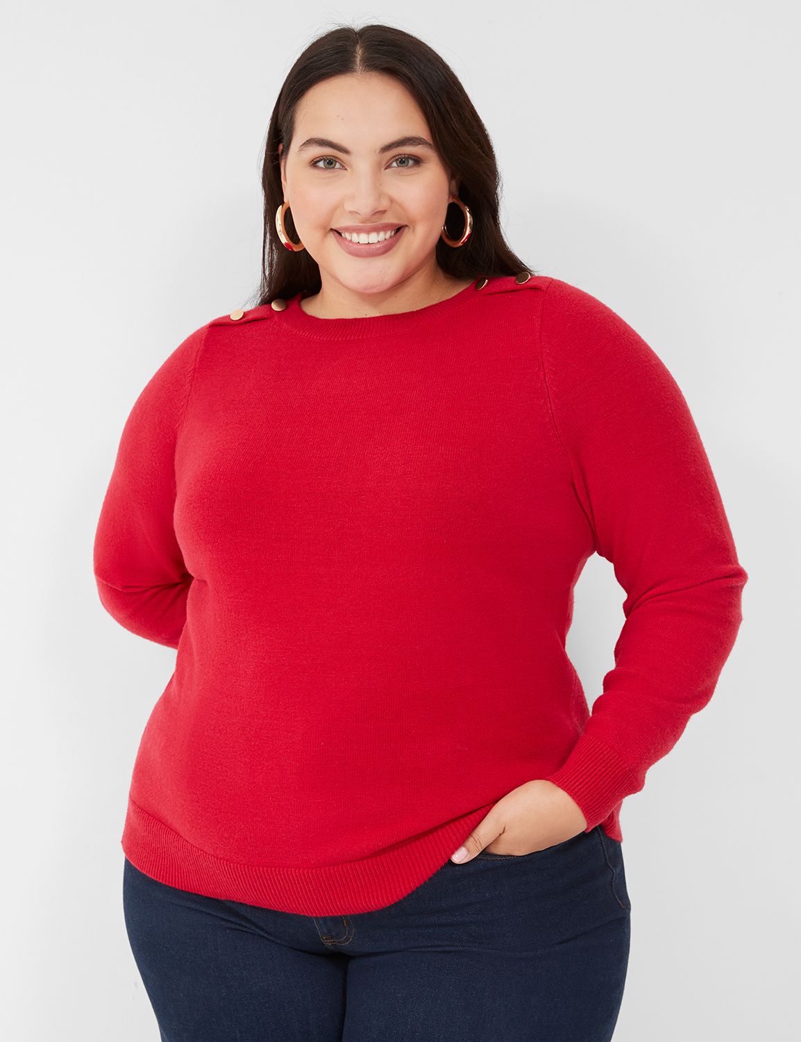 Classic Long Sleeve Crew Neck Butto | LaneBryant