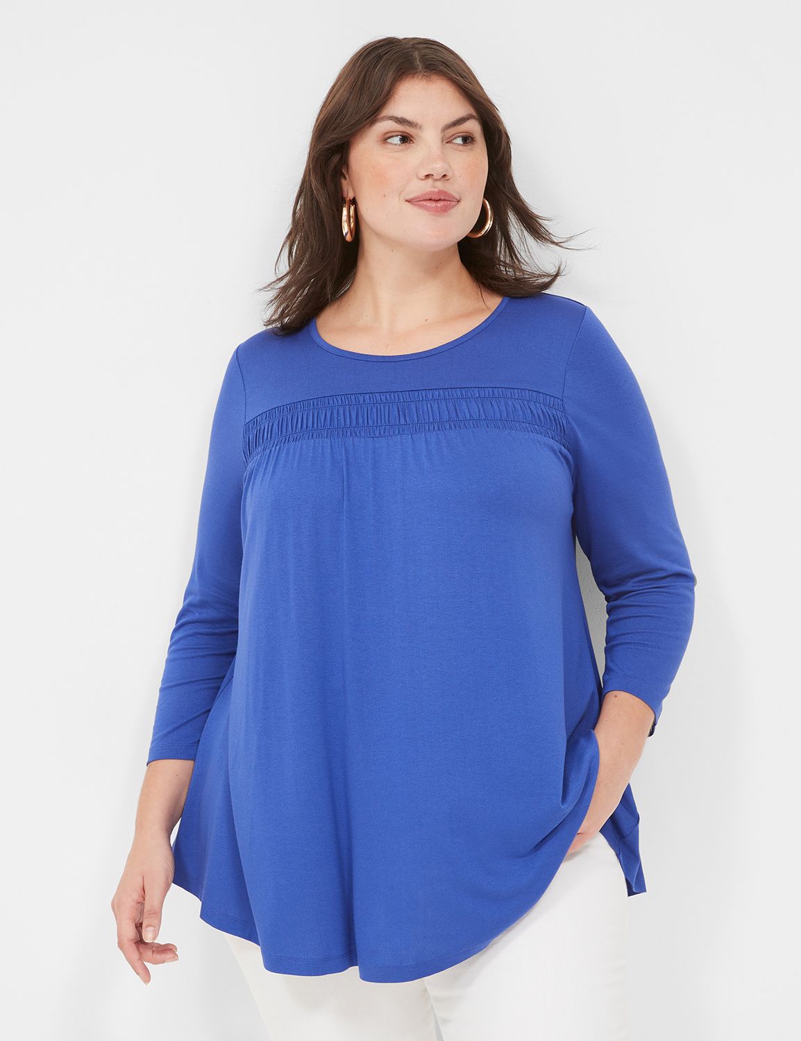 Swing 3/4 Sleeve Crew Neck Smocked | LaneBryant