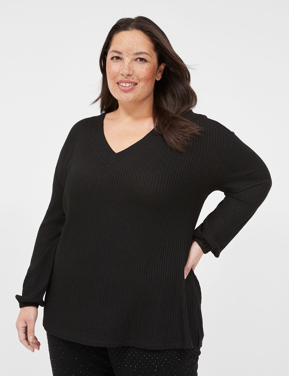 Blouson-Sleeve V-Neck Waffle Tunic