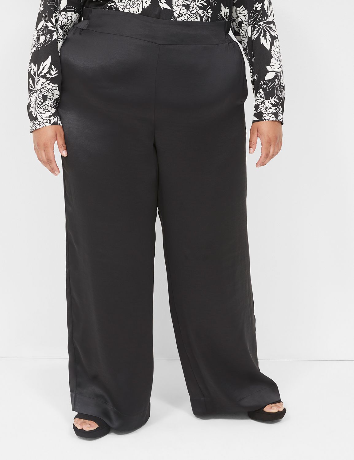 Plus Size Black Pull On Wide Leg Trousers