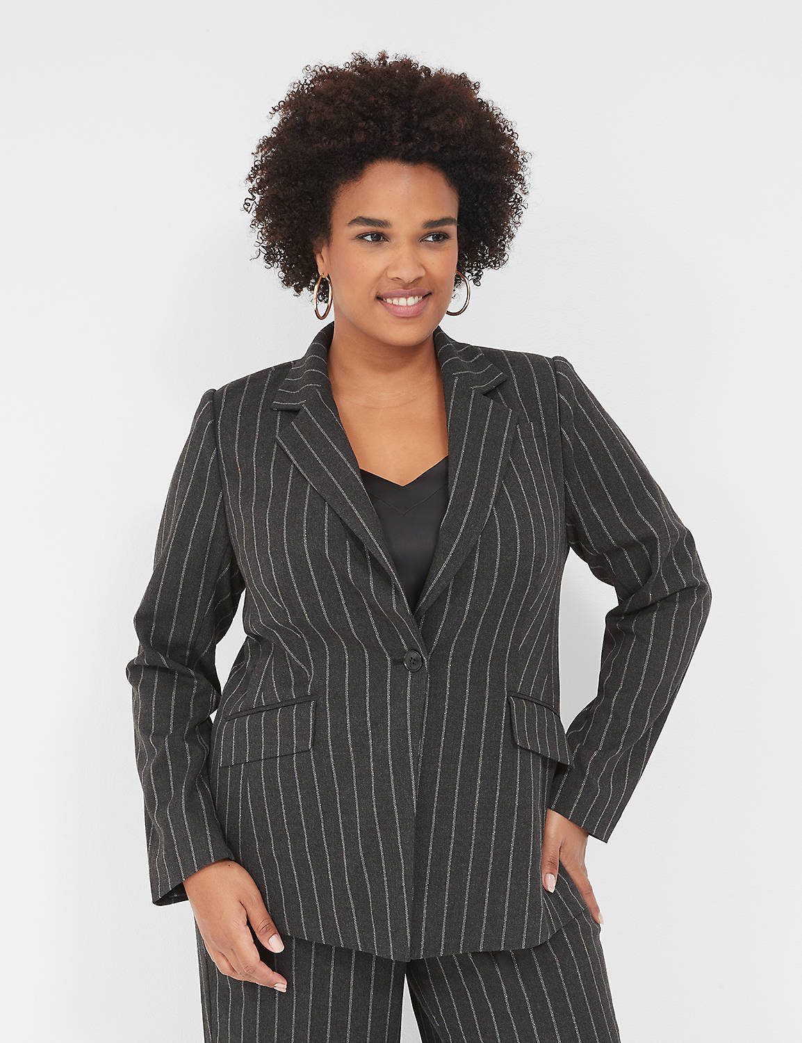 lane bryant lurex stripe perfect drape one-button blazer 22 grey stripe