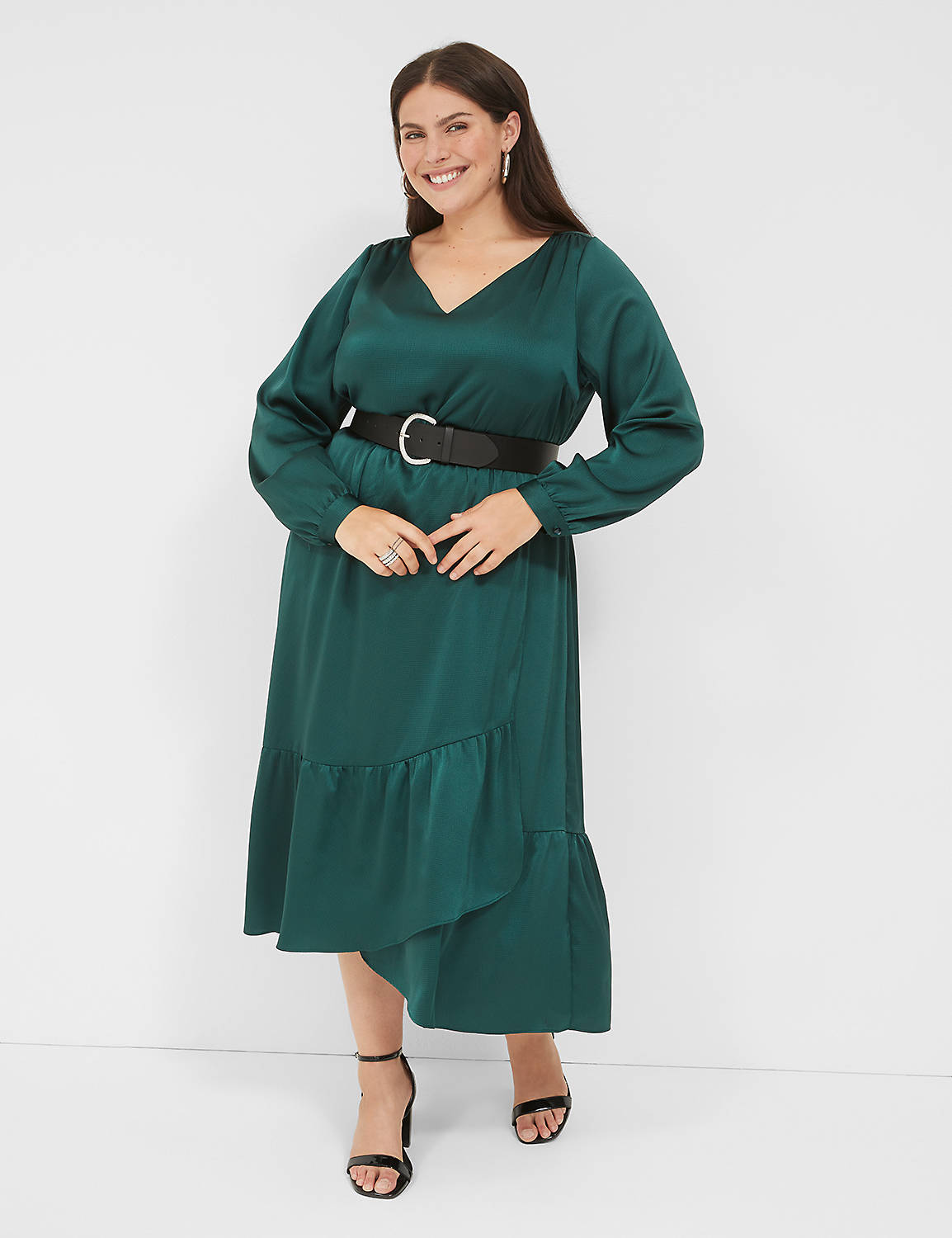 lane bryant textured satin long-sleeve wrap-skirt midi dress 18 green
