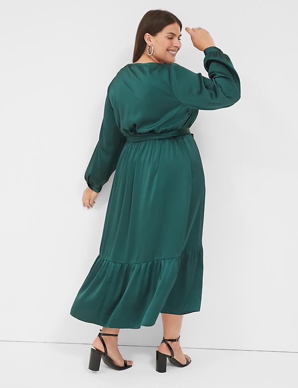 Textured Satin Long-Sleeve Wrap-Skirt Midi Dress