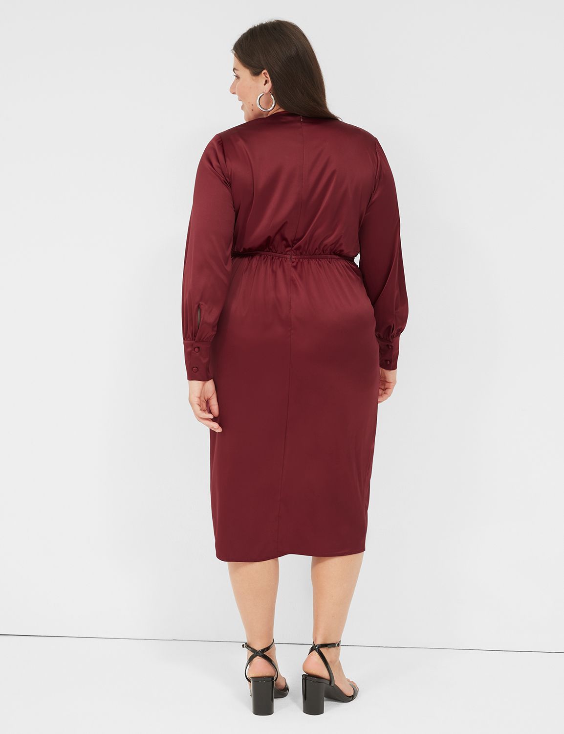 Stretch Satin Surplice Knot-Front Midi Dress