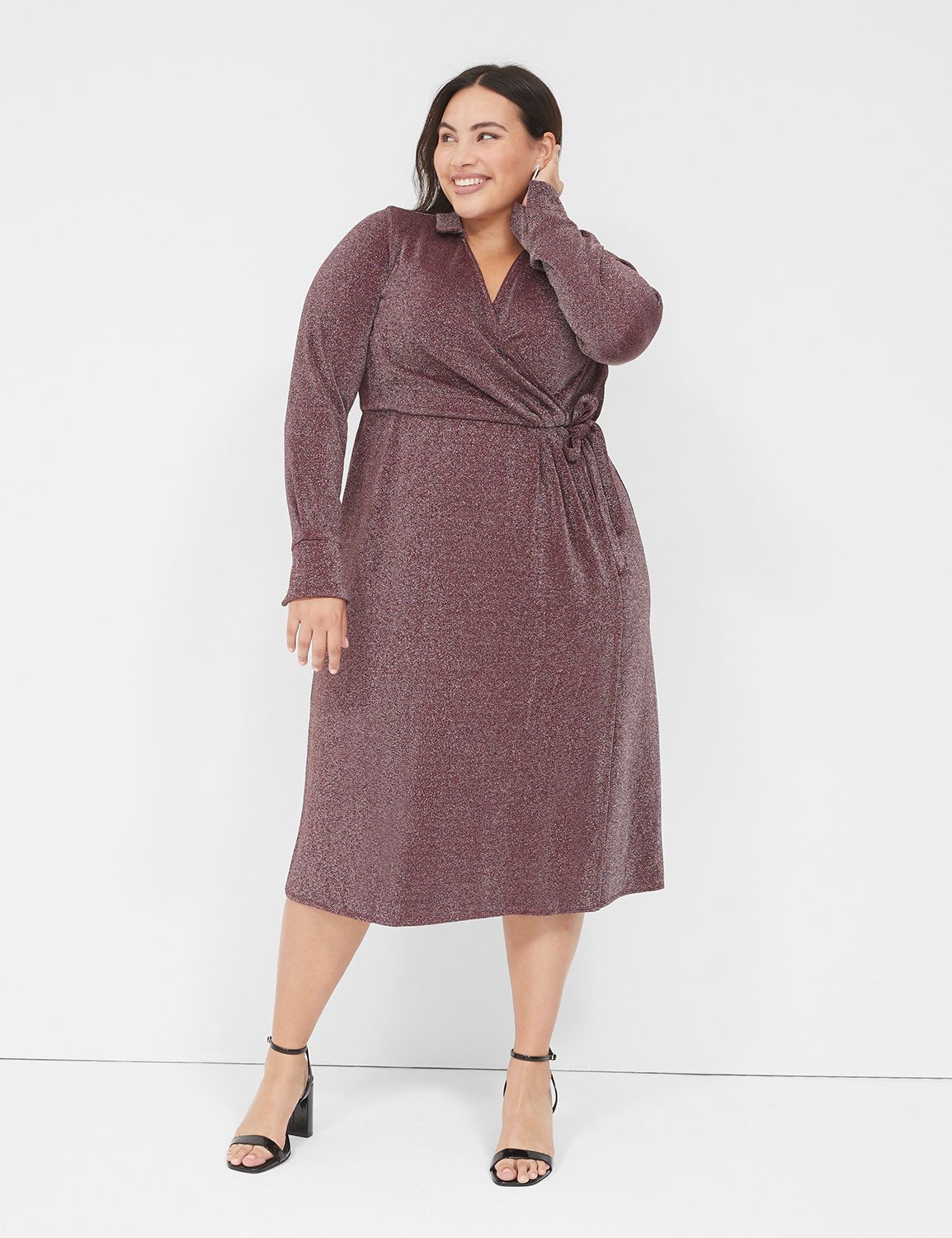 Lurex Faux Wrap Collar Midi Dress LaneBryant