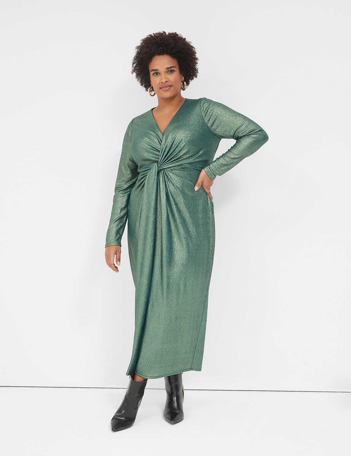 Final Sale Plus Size V-Neck Gown with Twist Front Waist in Emerald