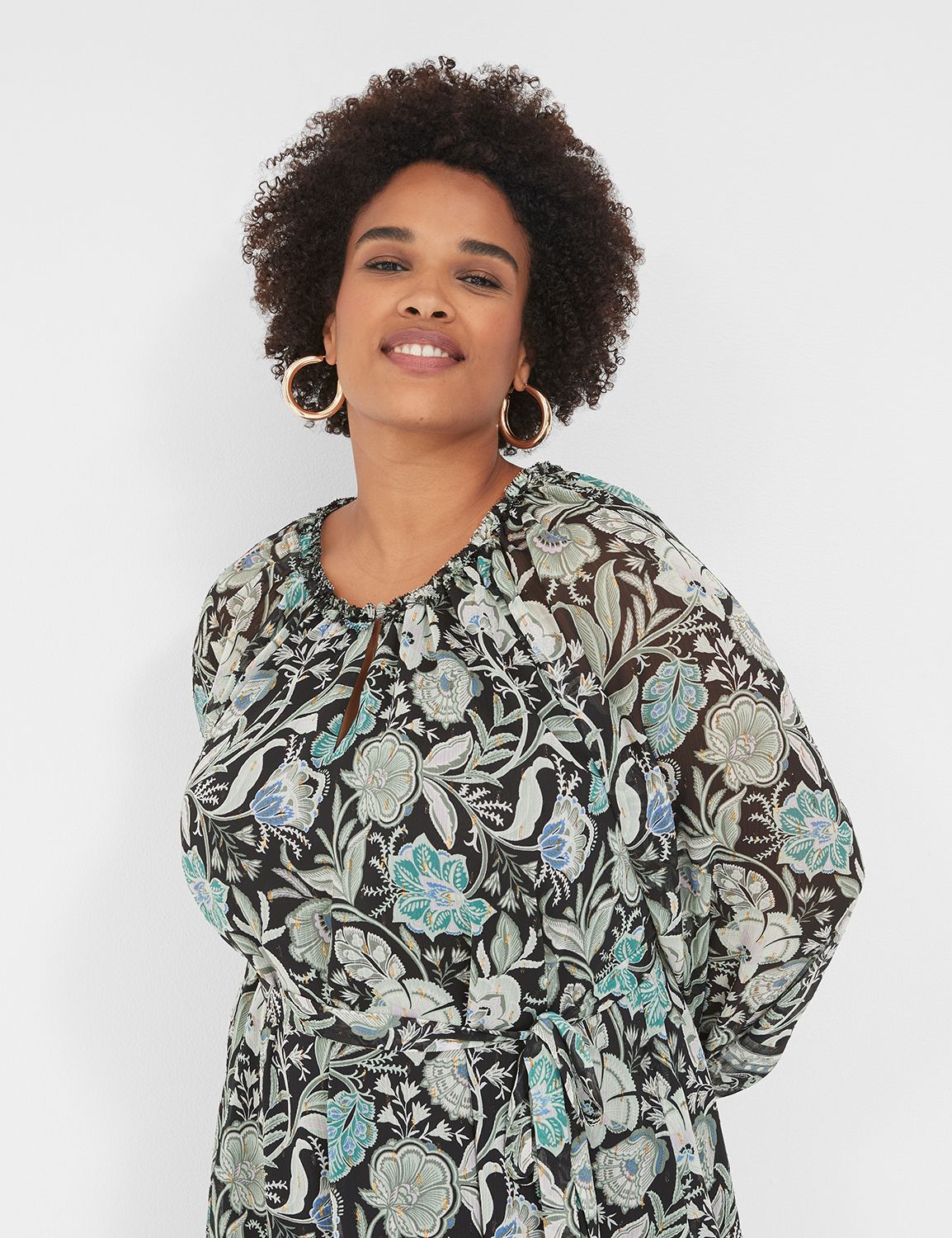 Long Sleeve Ruffle Trim Notch Neck Product Image 3