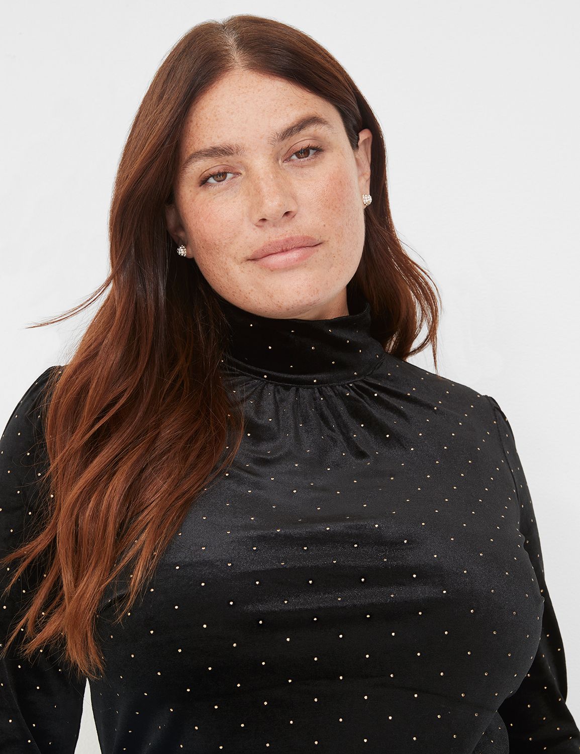 Velvet Lace Mock-Neck Long-Sleeve Blouse Black