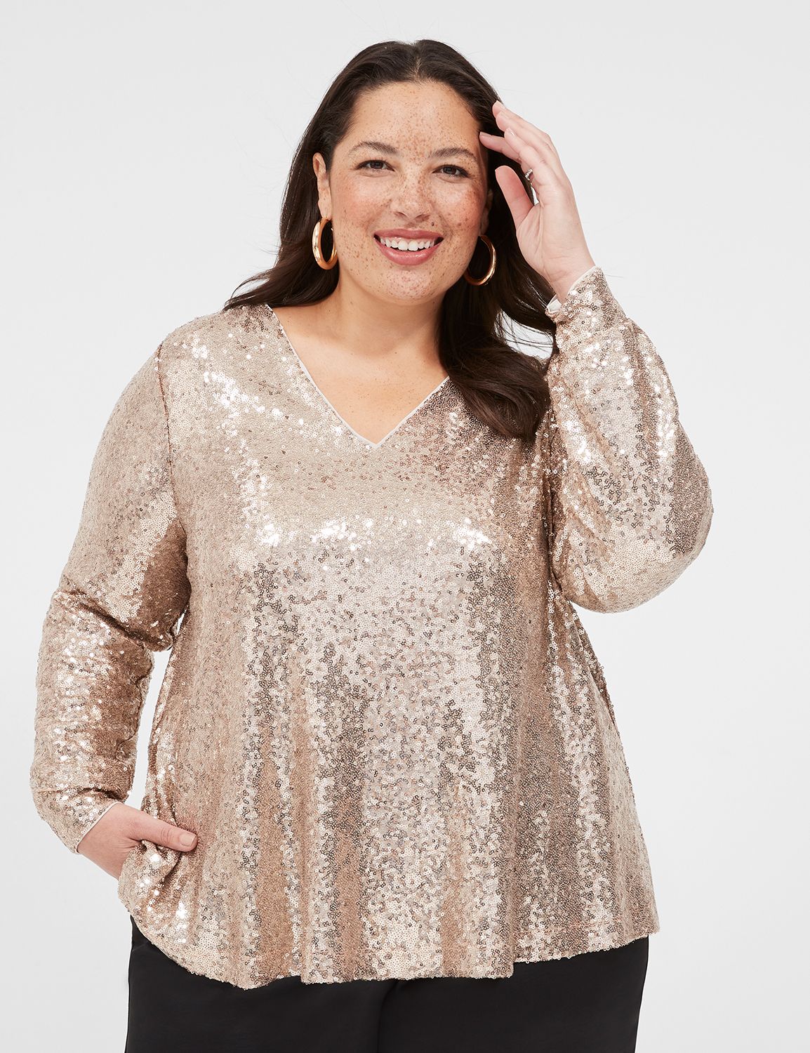 Swing Long Sleeve V Neck Sequin Top | LaneBryant