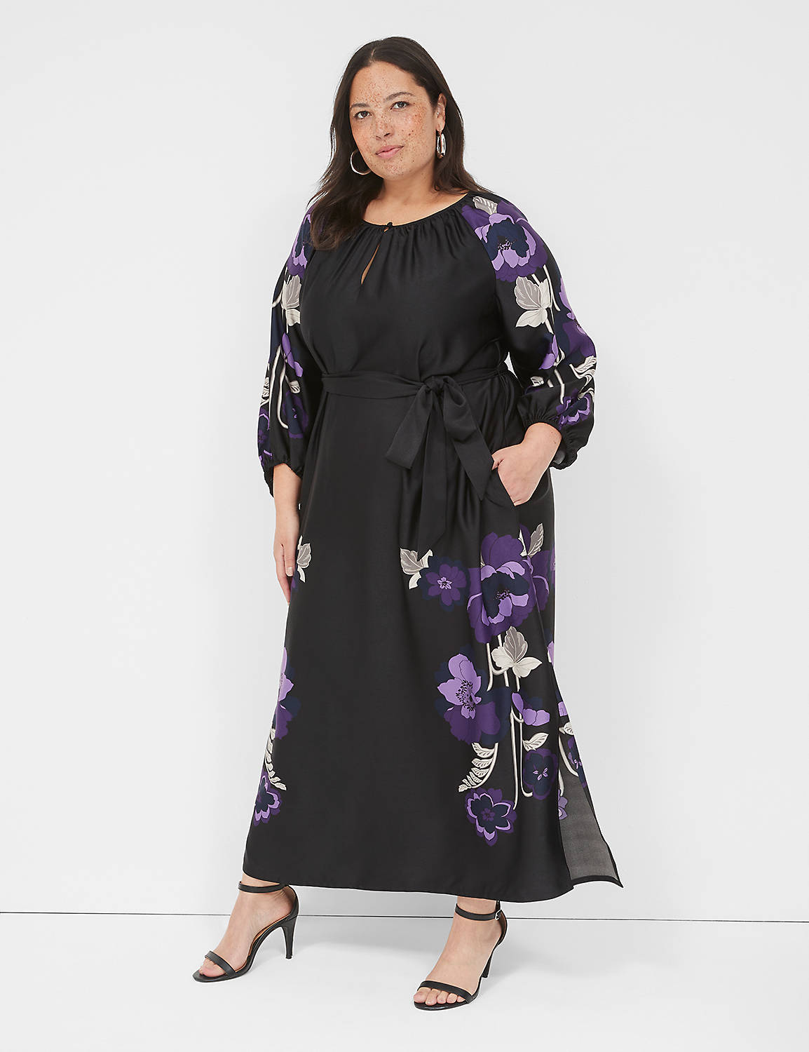 lane bryant long-sleeve belted maxi dress 24 black floral