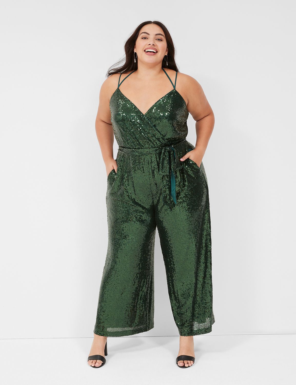 Surplice-Neck Wide-Leg Sequin Jumpsuit