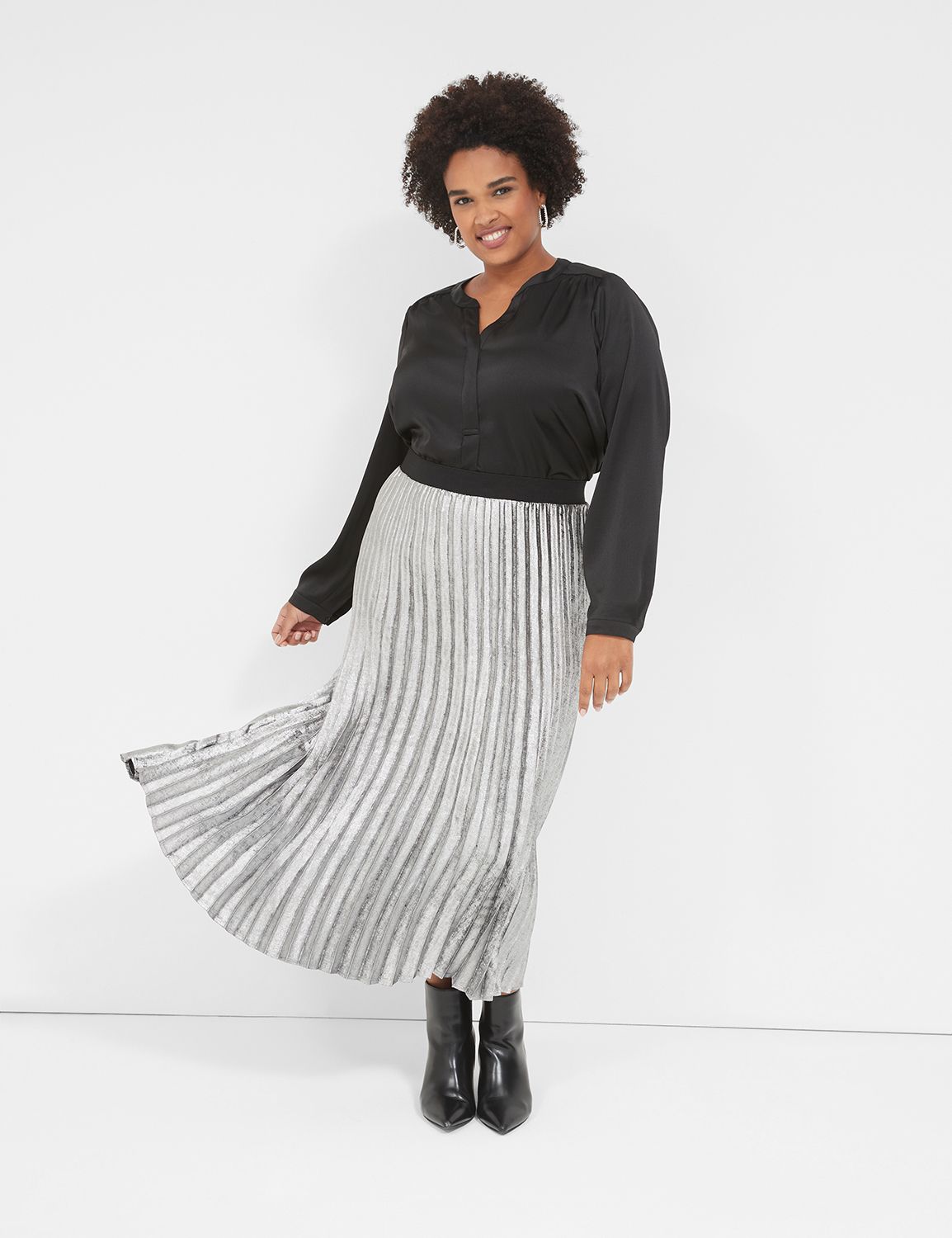 Grey metallic pleated midi skirt best sale