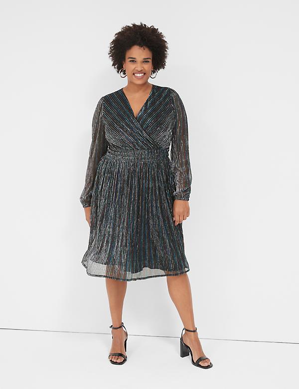 Lurex Blouson-Sleeve Crinkle Knit Dress