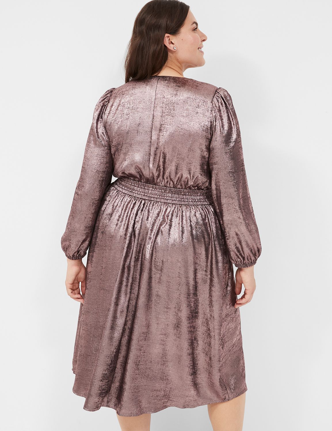 Blouson-Sleeve Surplice Metallic Midi Dress