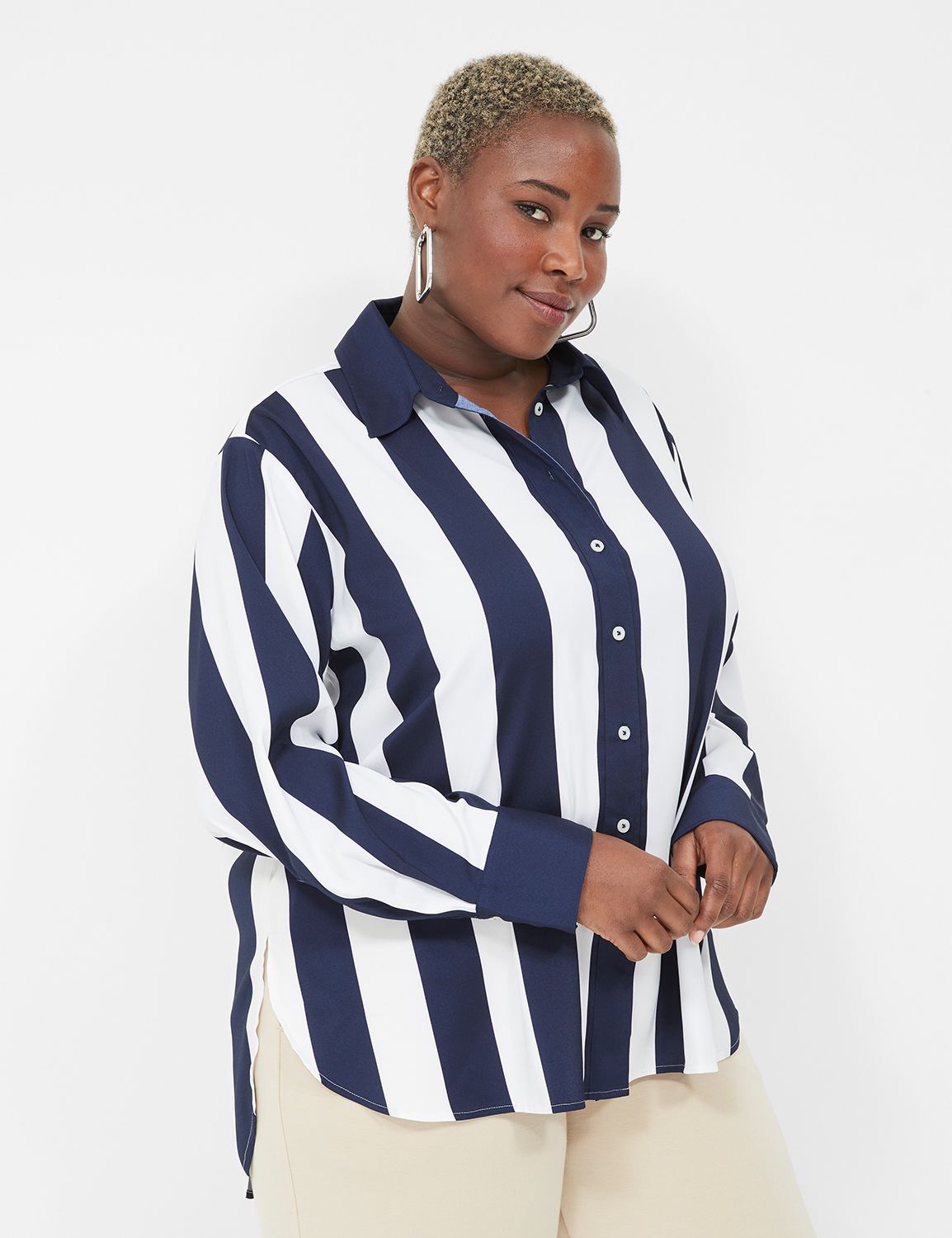 Satin Easy Collared Stripe Button-Down Shirt